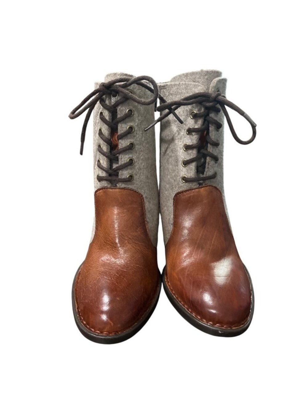 Born Womens Size 6 Ankle Boots Gray Wool & Brown Leather Lace-Up Victorian style - Picture 2 of 9